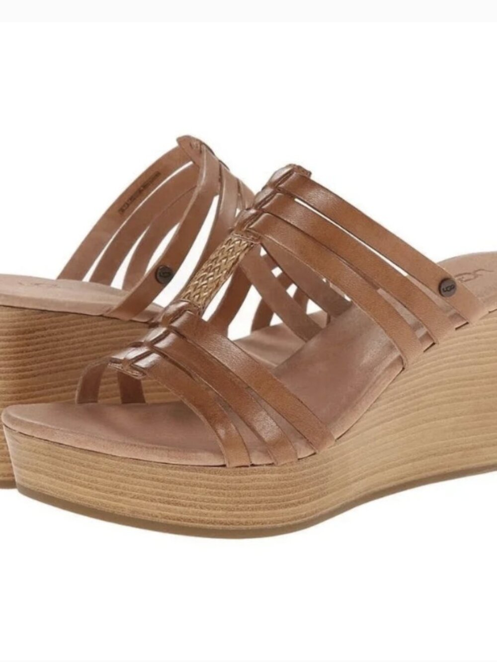 UGG Mattie Strappy Leather Platform Wedge Sandals Brown Woven Rattan Boho Size 7